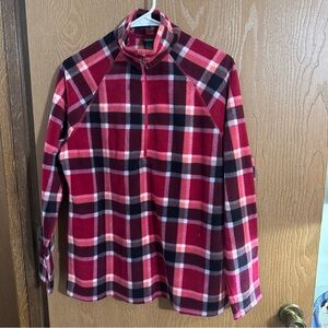 Eddie Bauer Pullover Jacket Womens Large Red Plaid Fleece 1/4 Zip Mock Neck